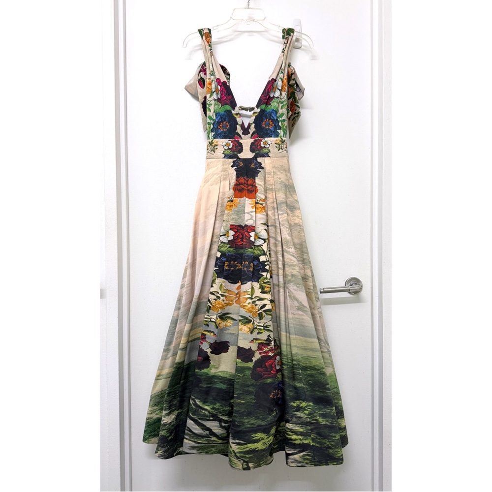 Alice + Olivia Hana Forbidden Forest Midi Dress Gown Floral Green Red Beige 2 - Picture 3 of 16